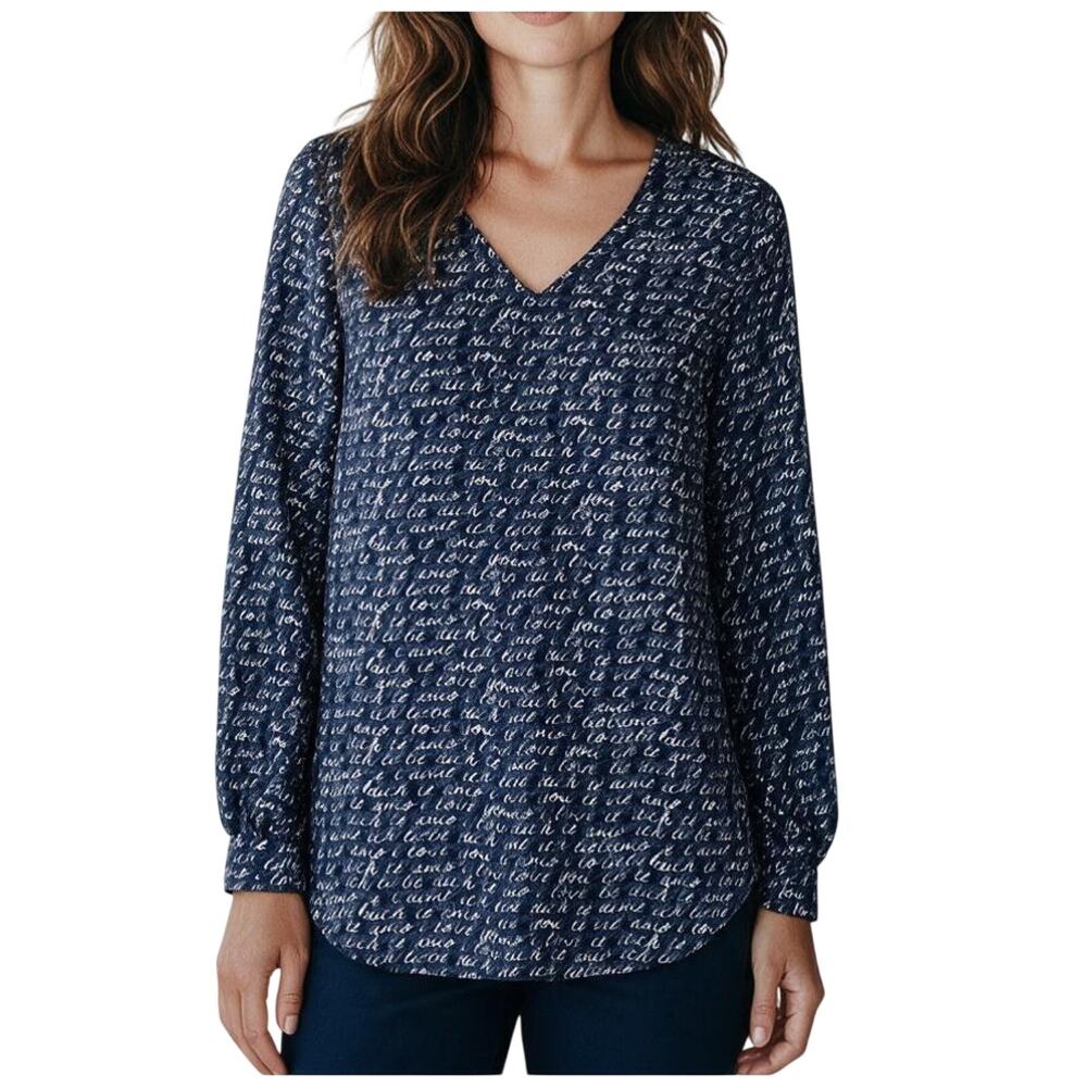 Cabi Te Amo Popover Top Blouse Medium Love Print, Long-Sleeved Navy Blue, White